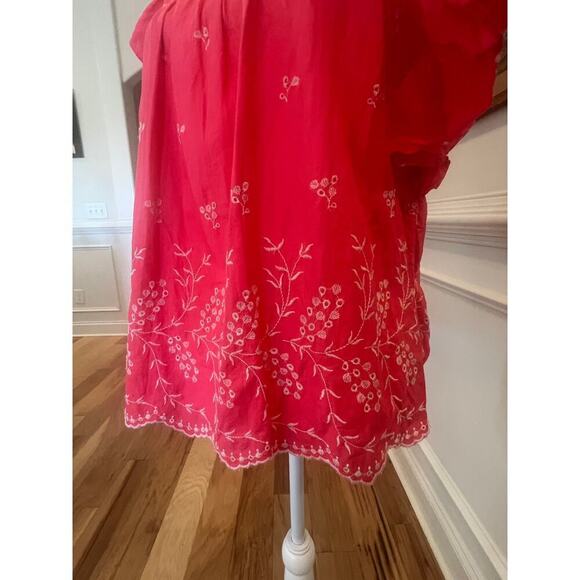 GAP BLOUSE PINK WHITE EMBROIDERED FLOWERS  RUFFLED SLEEVES WOMENS LARGE - Picture 3 of 7